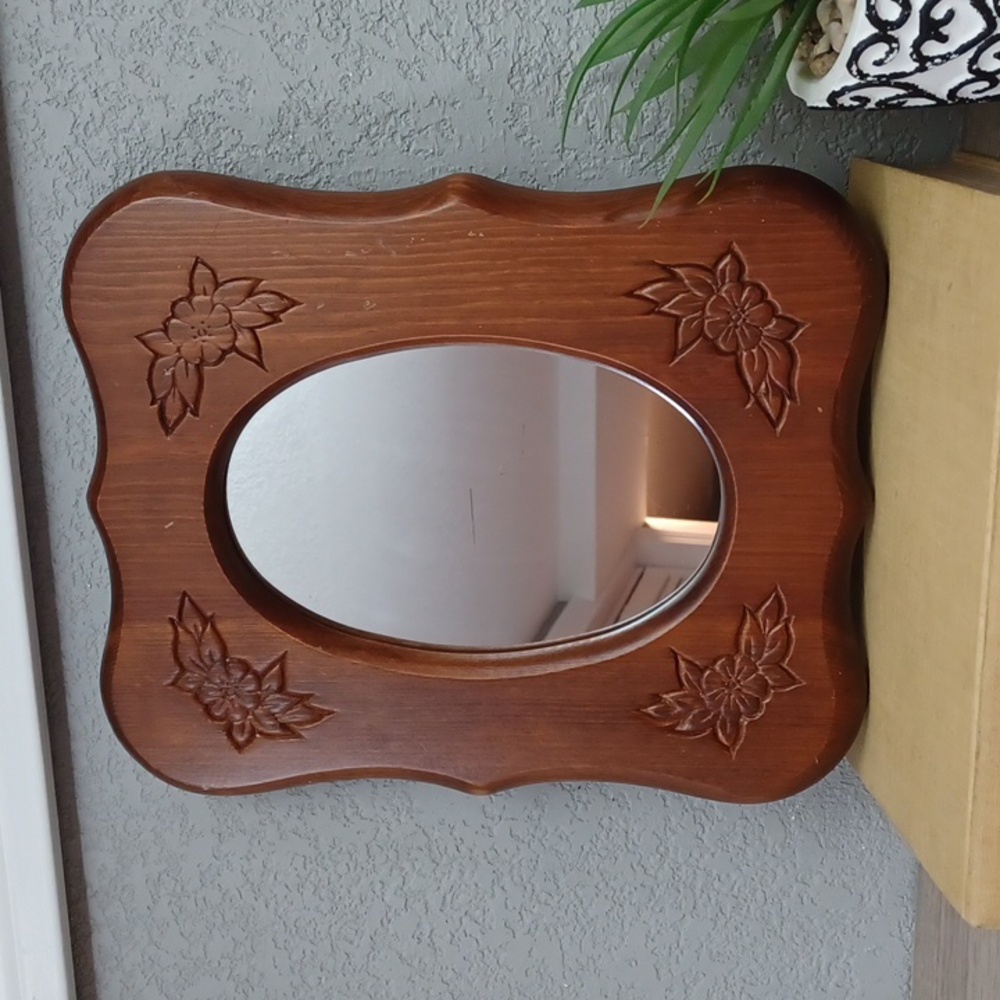 Vintage Wood Mirror Wall Decor Country Farmhouse Rustic Floral Brown Mirror